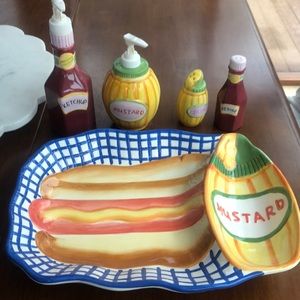 Hot dog platter with ketchup mustard